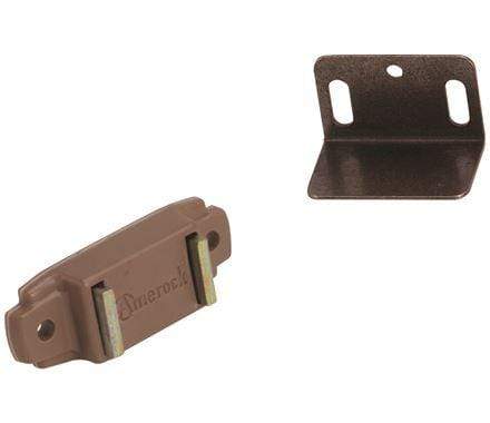 Tan magnetic cabinet catch with two strikes, measuring 1-15/16" x 3/4", sold individually for secure closures.