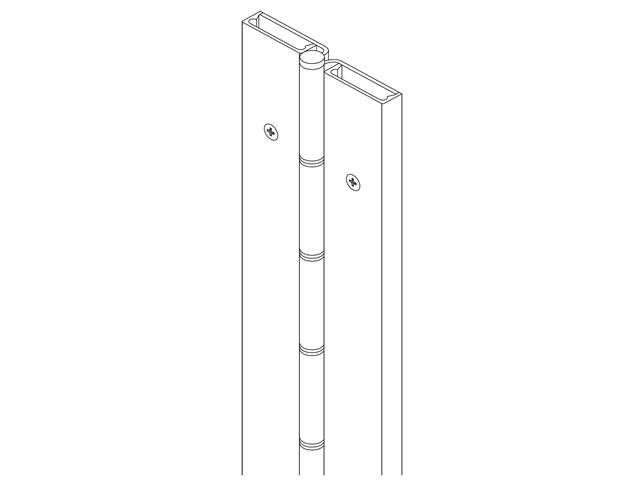 Full surface pin and barrel continuous hinge, 7 feet long, aluminum construction, designed for flush mount applications.