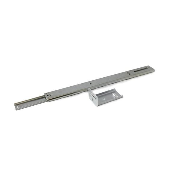 Zinc plated ball bearing drawer slides, center mounted, available in multiple sizes, sold in pairs for smooth operation.