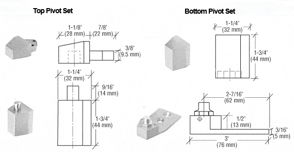 Arch style pivot door hinges designed for aluminum doors, suitable for face frame or recessed applications.