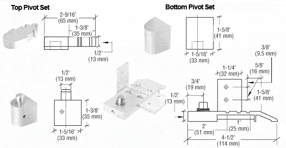 Pivot door hinges in Aldora style for metal frame doors, designed for 1/8" recessed applications.
