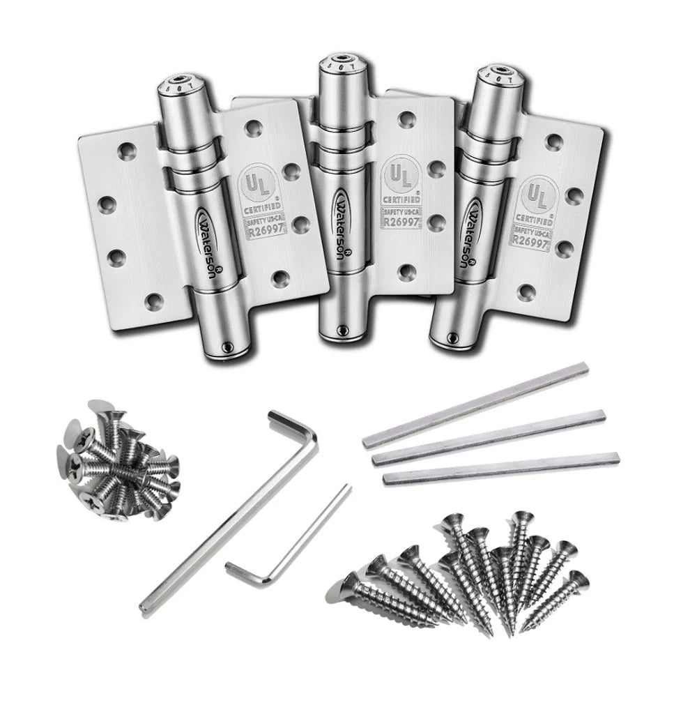 Mechanical adjustable self-closing hinge set in stainless steel, designed for heavy doors, includes screws and tools.