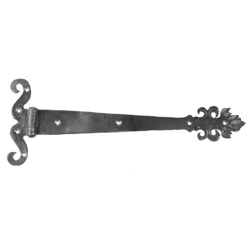 Decorative single curl strap hinge for gates, made of forged steel, available in multiple sizes, sold individually.