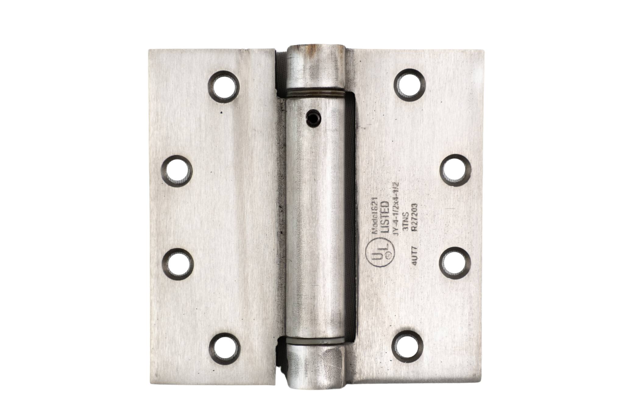 Durable 316 grade stainless steel spring hinges, 4 1/2 inches square, sold in a 2 pack for commercial use.