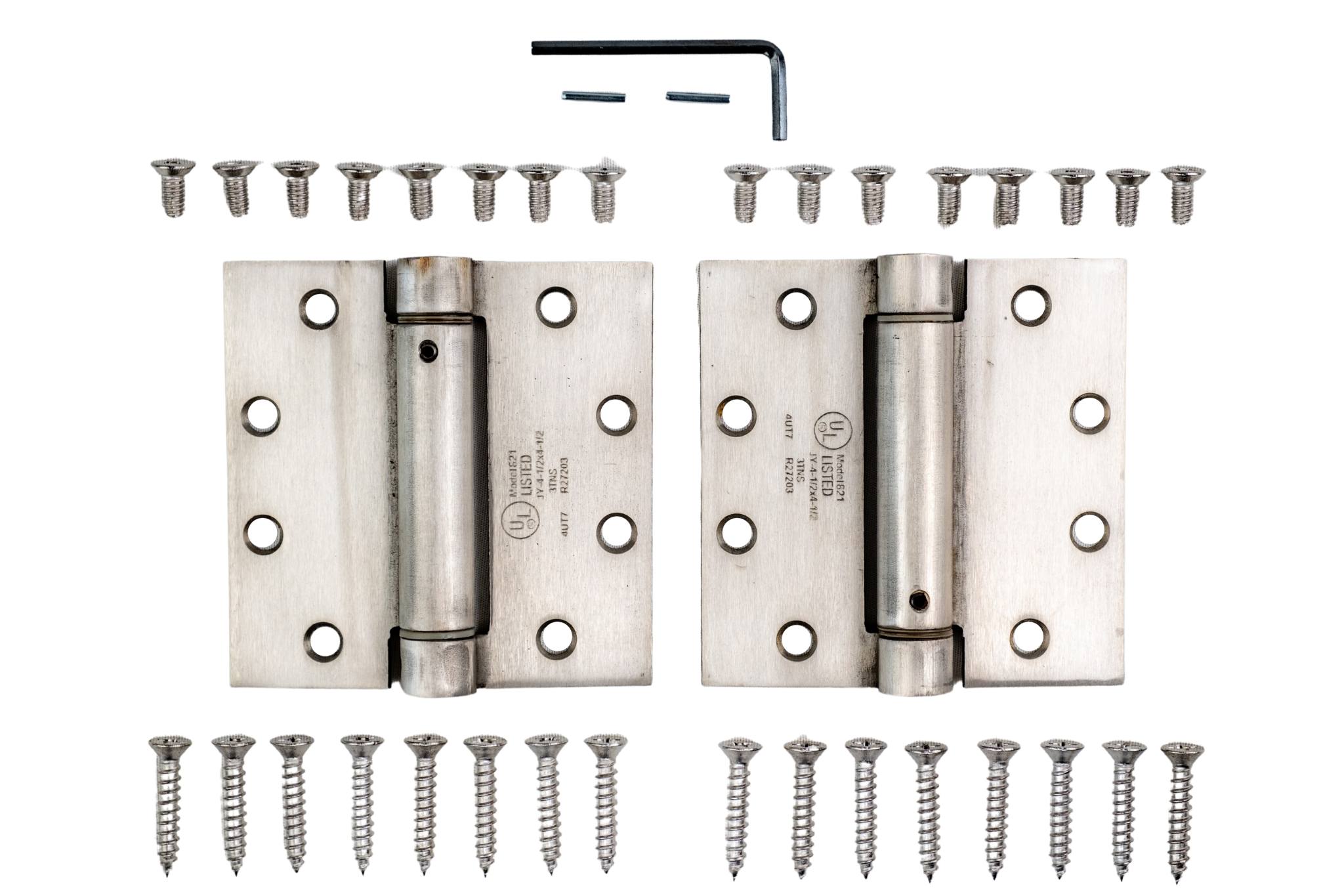 316 grade stainless steel spring hinges in a 4 1/2" square design, sold in a 2 pack with screws and an Allen wrench.