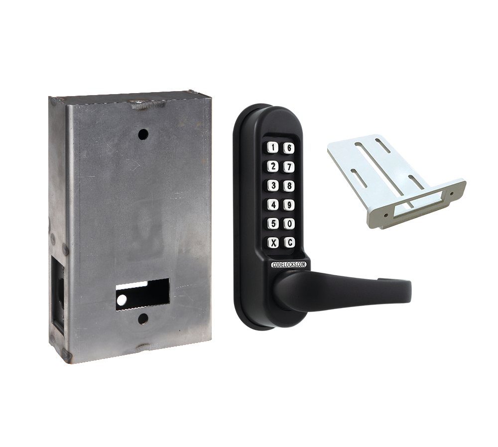 Heavy-duty mechanical gate lock kit with tubular latchbolt, keypad entry, and multiple finish options available.
