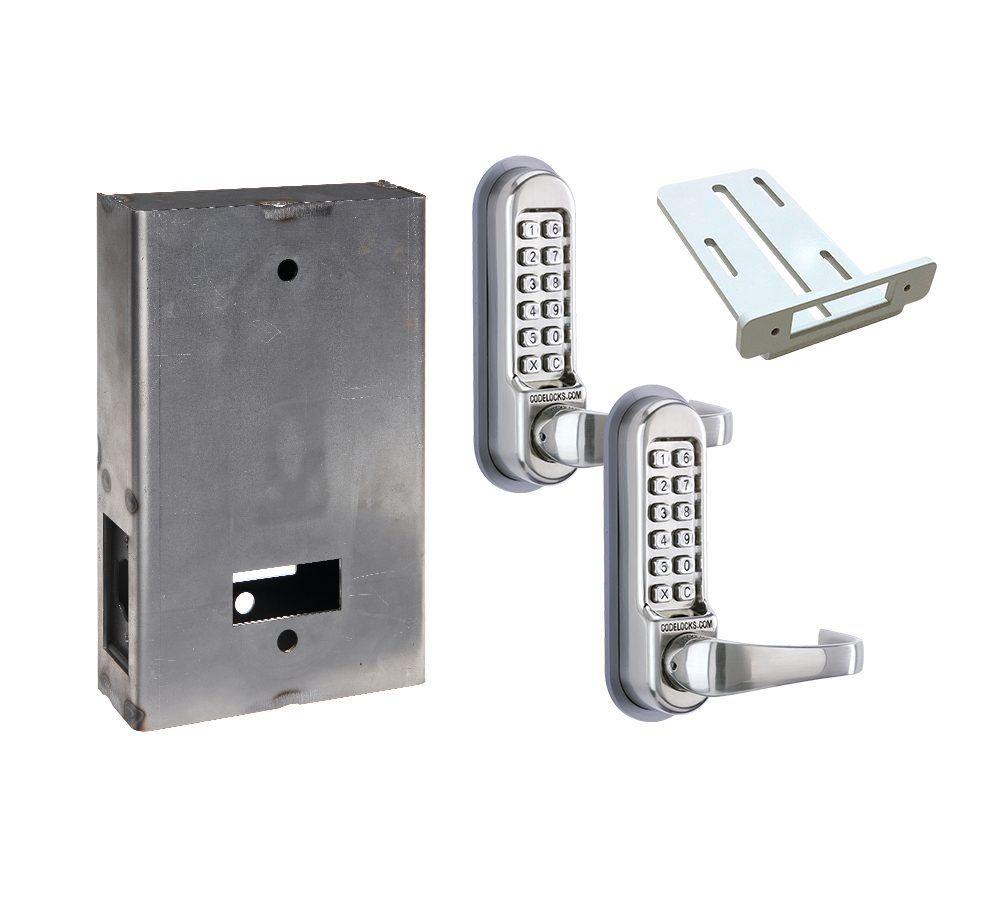 Heavy-duty mechanical gate lock kit with tubular latchbolt, includes steel box and two coded locks in various finishes.