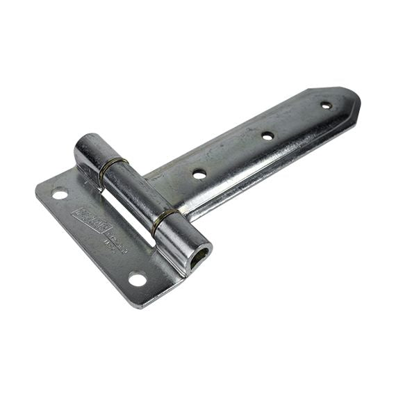 Embossed steel truck trailer hinge with narrow bracket for side and rear doors, zinc plated, sold individually.