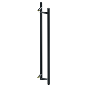 Back-to-back round offset pulls in various sizes and finishes, ideal for doors, sold as a two-pack.