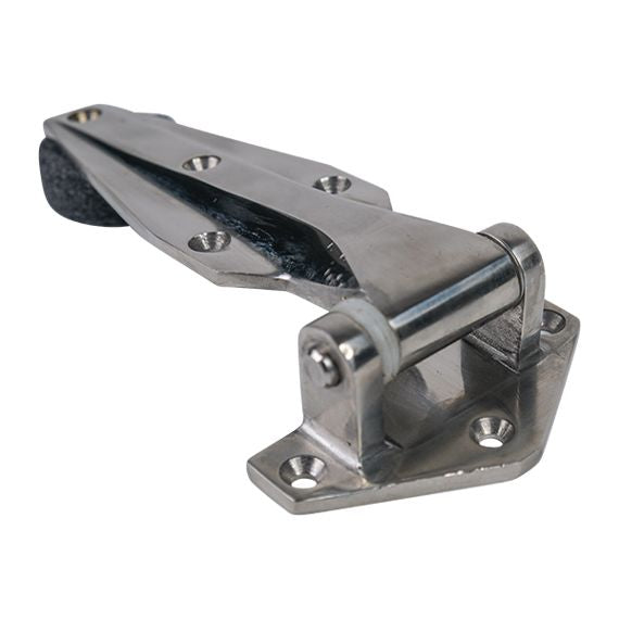 Polished 5-1/8 inch refrigeration hinge in 304 stainless steel with multiple offsets, sold individually for durability.