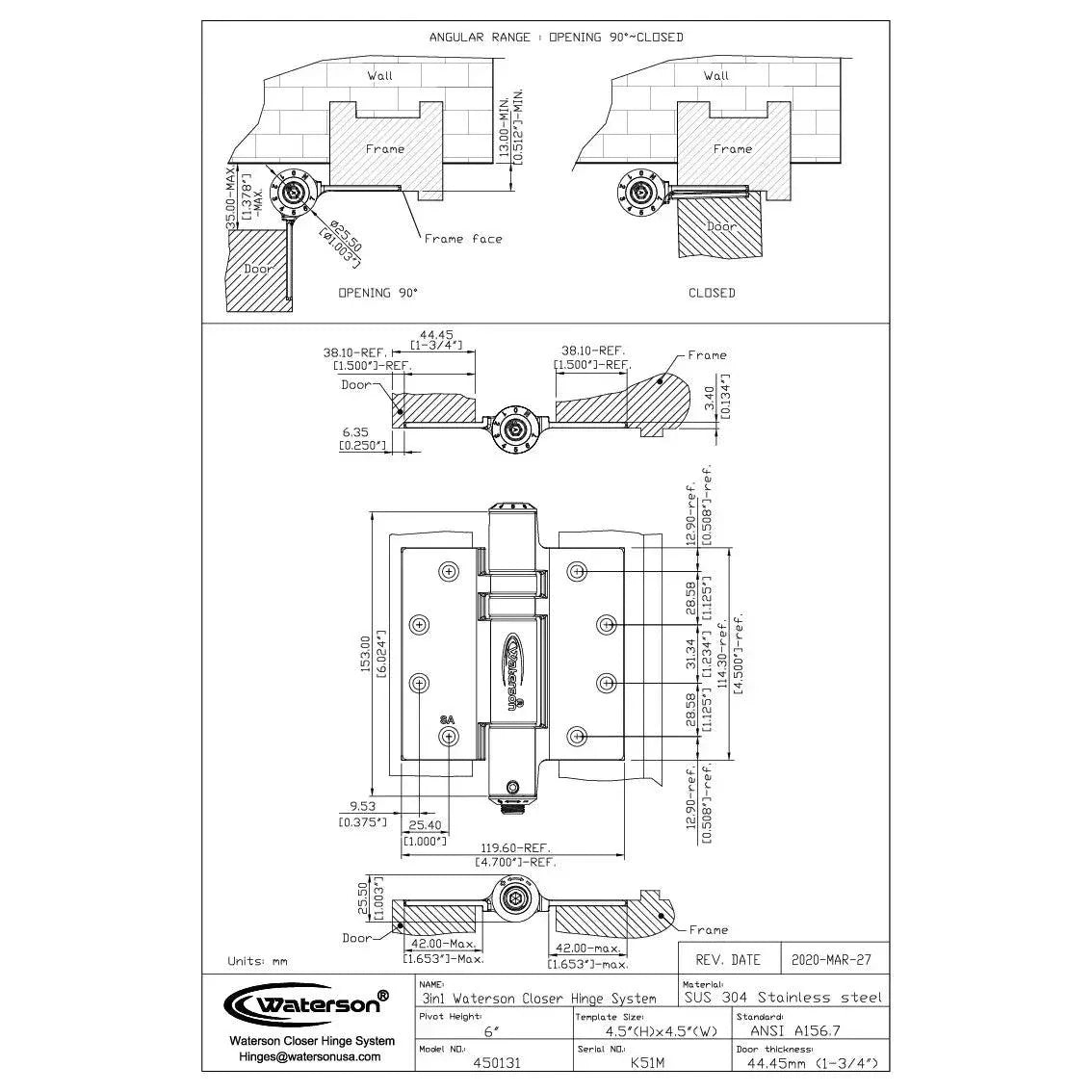 Heavy duty no slam self-closing spring hinge set, 4.5"x4.5", 304 stainless steel for 1-3/4" thick doors, 3 pack.