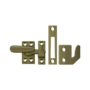 Small window lock casement fastener in multiple finishes, measuring 2-1/4 inches by 7/8 inch, sold individually.