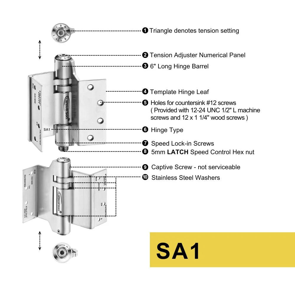 Mechanical adjustable swing clear hinges in stainless steel, 4.5” x 4.5”, fire-rated, sold in a 3 pack.