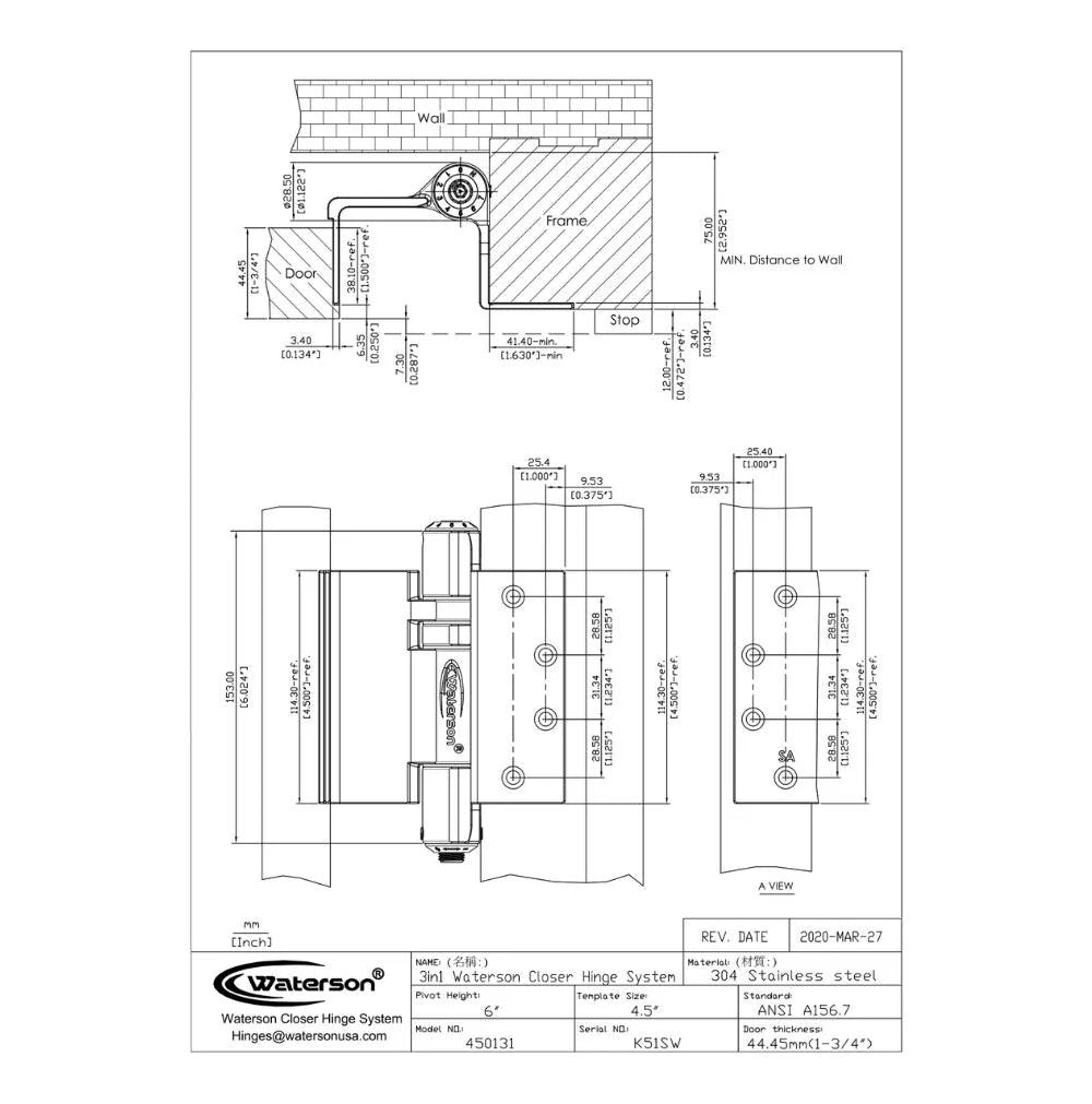 Mechanical adjustable swing clear hinges, 4.5" x 4.5", fire-rated, stainless steel, 3-pack for durable door applications.
