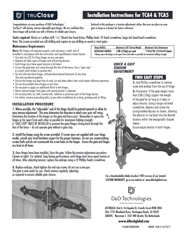 Adjustable Gate Spring T-Hinge - Black For Gate Gap (1/4" - 7/8") Tca4 For Wood, Metal Or Vinyl Gates