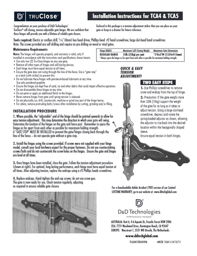 Adjustable Gate Spring T-Hinge - Black For Gate Gap (1/4" - 7/8") Tca4 For Wood, Metal Or Vinyl Gates