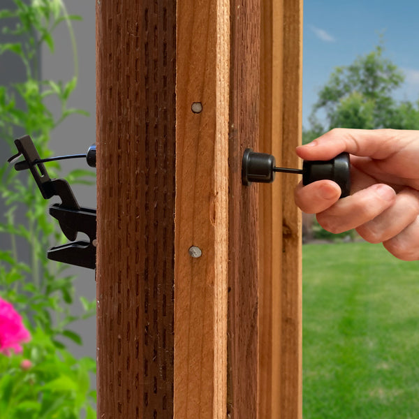 All-in-One adjustable gate latch pull for wood, vinyl, and metal gates, featuring a black finish for versatile use.