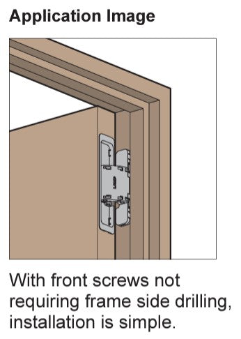 Three-way adjustable concealed door hinge shown mounted on a door frame, highlighting easy installation without side drilling.