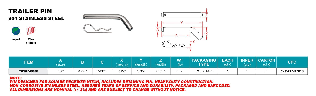 Boat Trailer Parts - Stainless Steel Trailer Pin