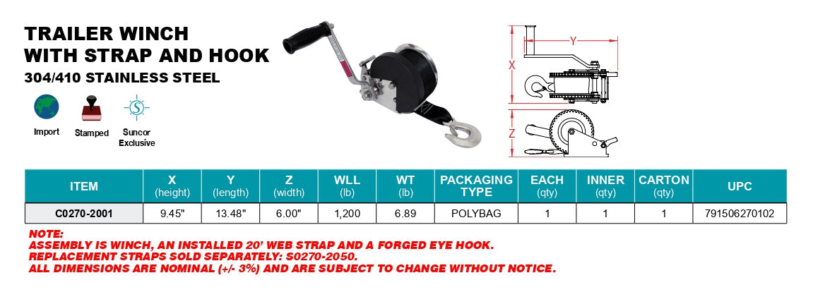 Boat Trailer Parts - Stainless Steel Trailer Winch With Strap And Hook