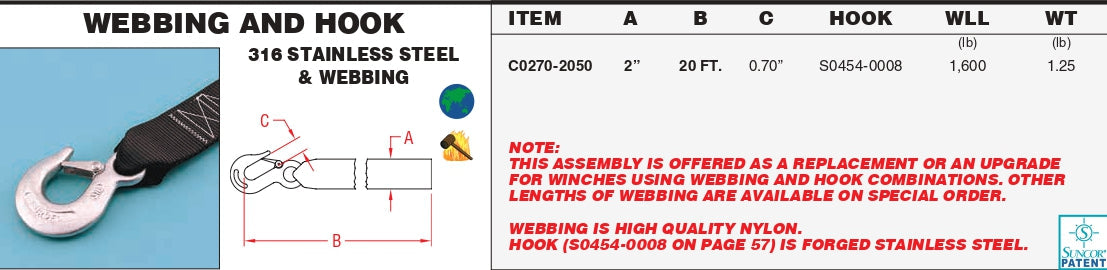 Boat Trailer Parts - Stainless Steel Webbing Assembly With Hook