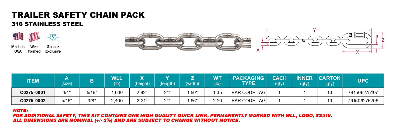 Boat Trailer Parts - Stainless Steel Trailer Safety Chain Pack