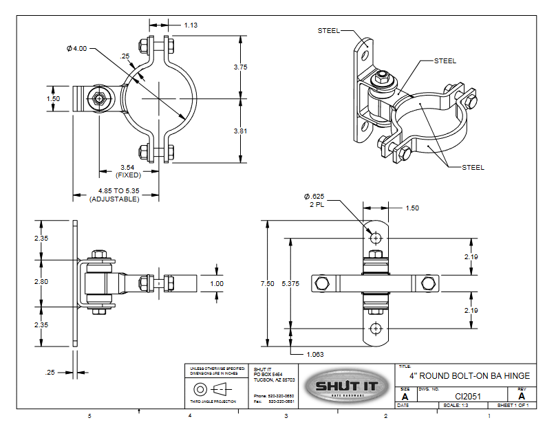 Round Bolt-On Badass Gate Hinge 4" - Steel With Zinc Plating - Up To 750 Lbs - Sold Individually