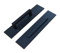 Plain rectangular style door pull set for barn doors, includes handle and matching finger pull for easy access.