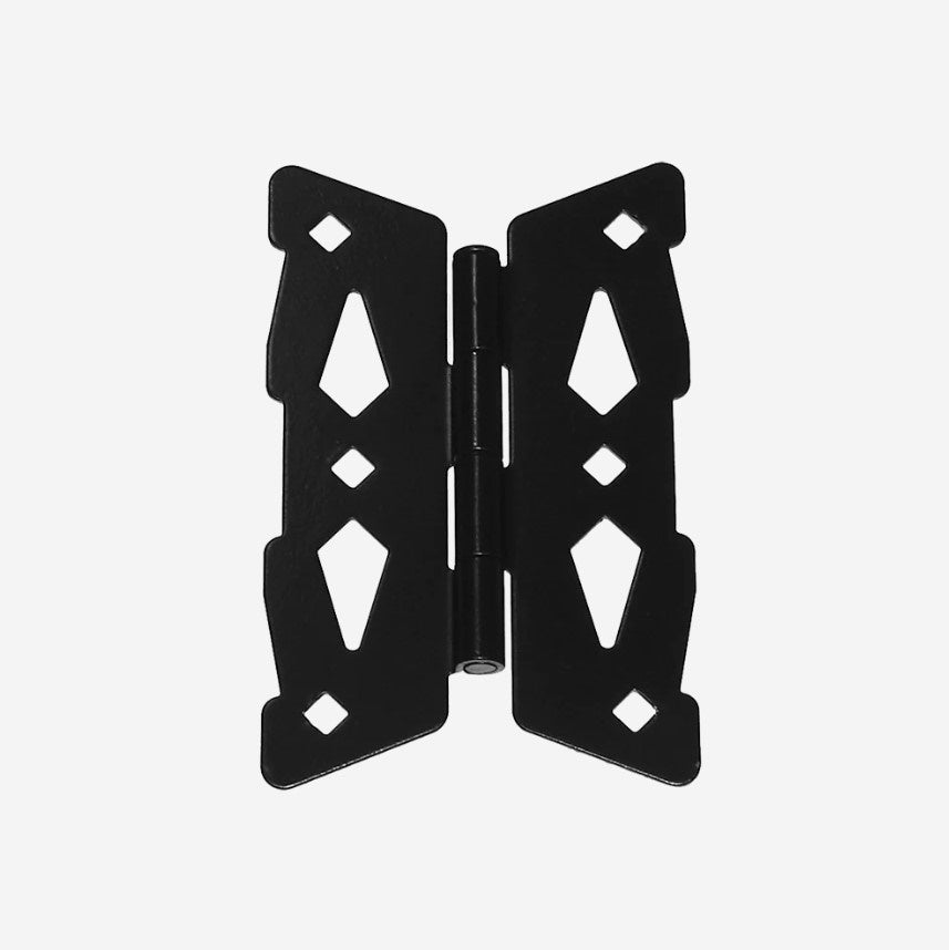 Contemporary 8-inch butterfly hinges in black powder coat finish, ideal for wood gates, sold in pairs.