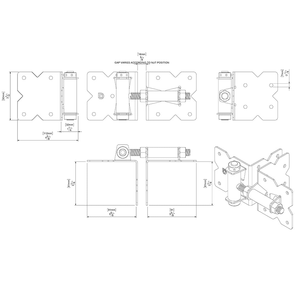 Black Stainless Steel Gate Hinge - Self Closing, Tension Adjustable - For Gate Gap (5/8" - 1 3/16") - 2 Pack