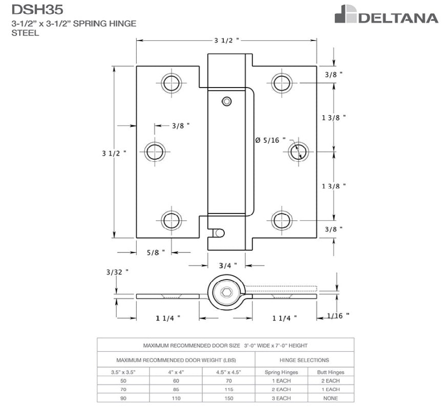 Residential self-closing spring hinges 3 1/2" square, steel, 2 pack with detailed dimensions and specifications.