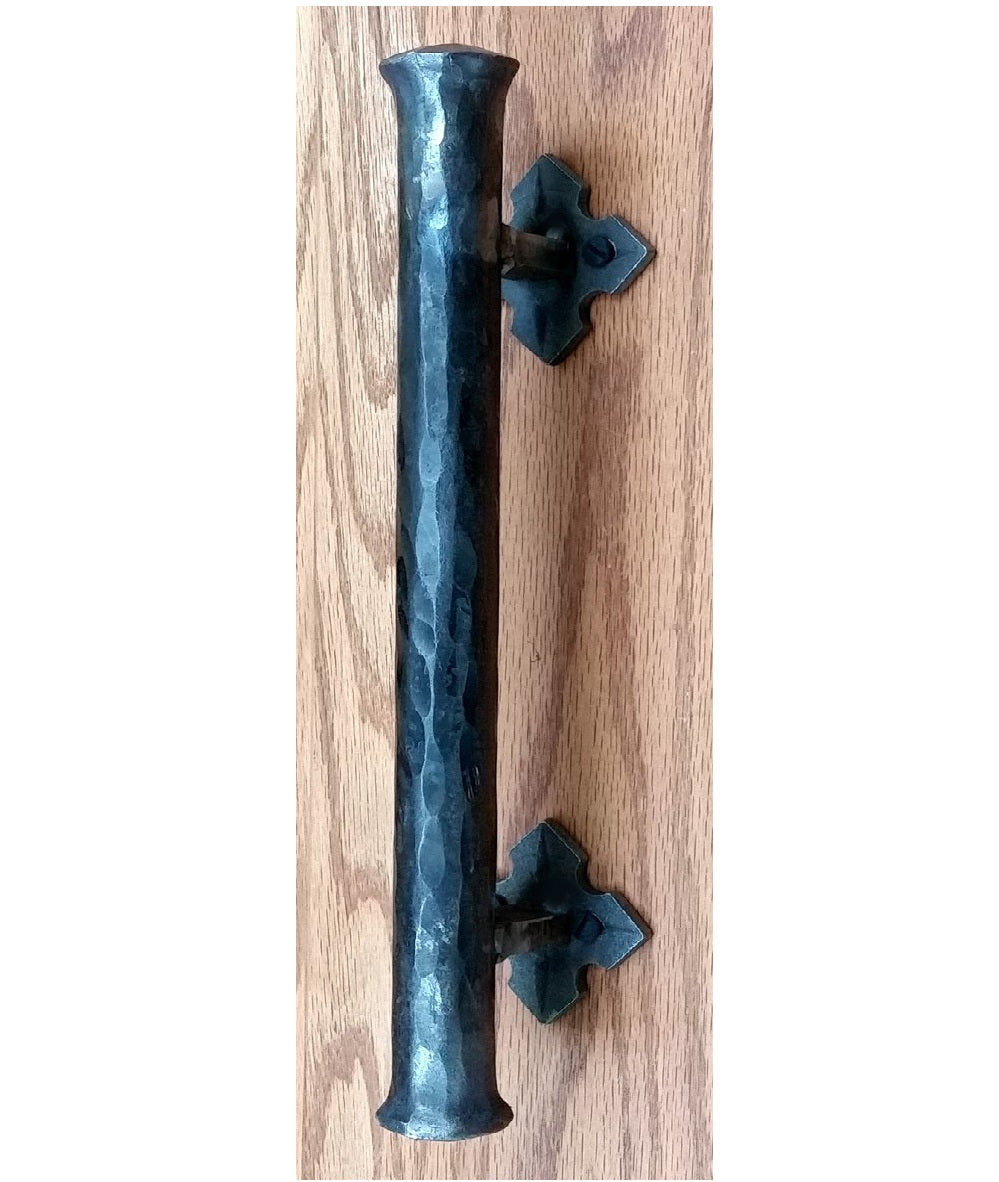 Round bar barn door handle with a distressed finish, 1-inch diameter, available in various sizes and finishes.