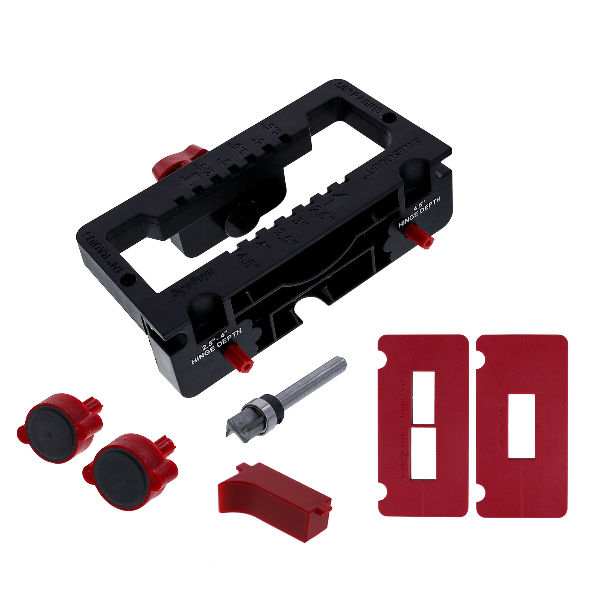 Self-clamping door hinge jig set for precise installation of door hinges and latches, includes accessories for easy use.