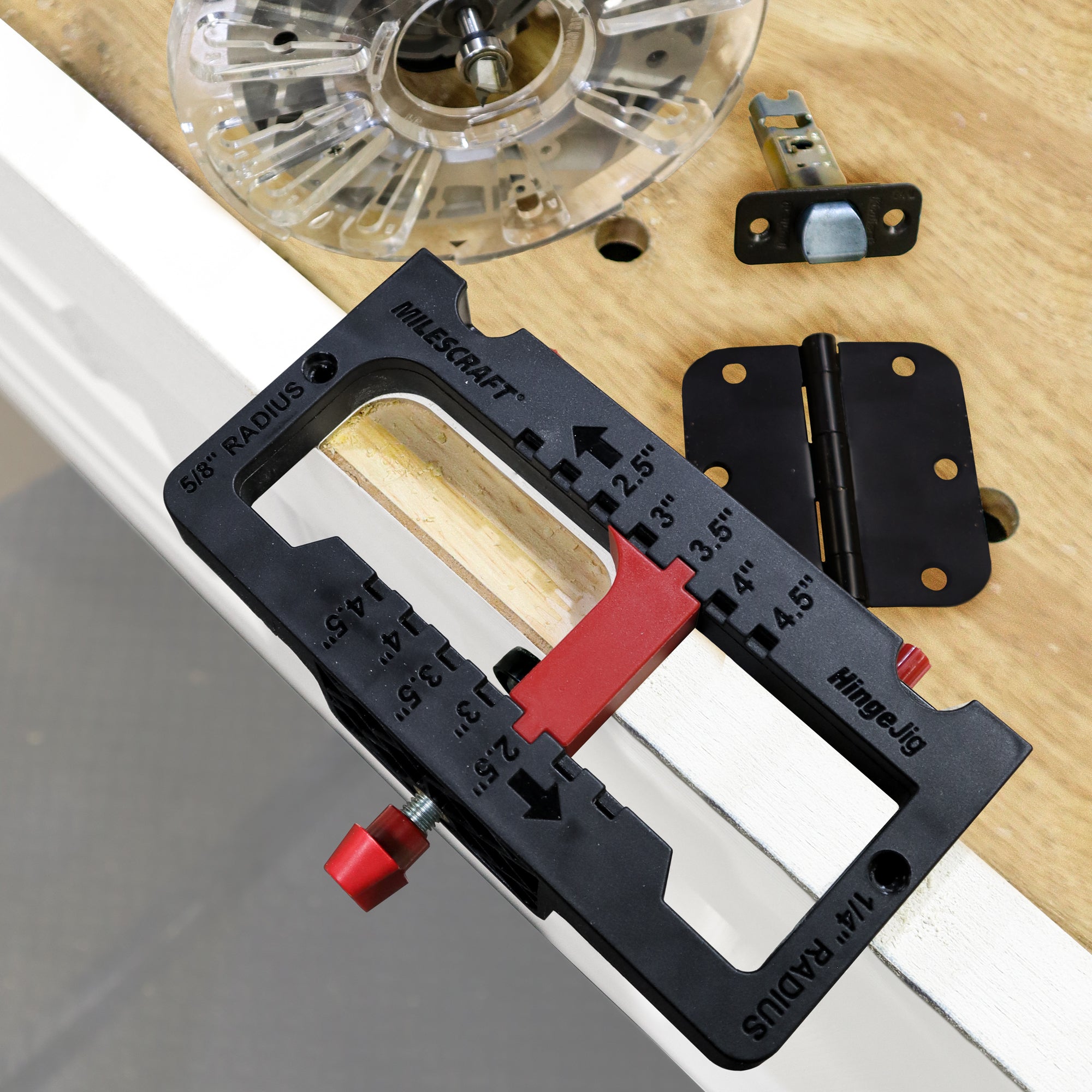 Self-clamping door hinge jig set for precise installation of door hinges and latches, featuring adjustable settings.