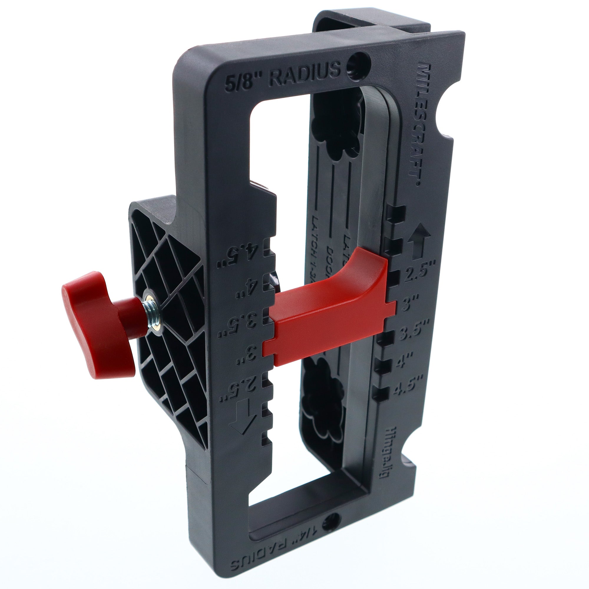 Self-clamping door hinge jig for precise installation of hinges and latches, sold as a complete set.
