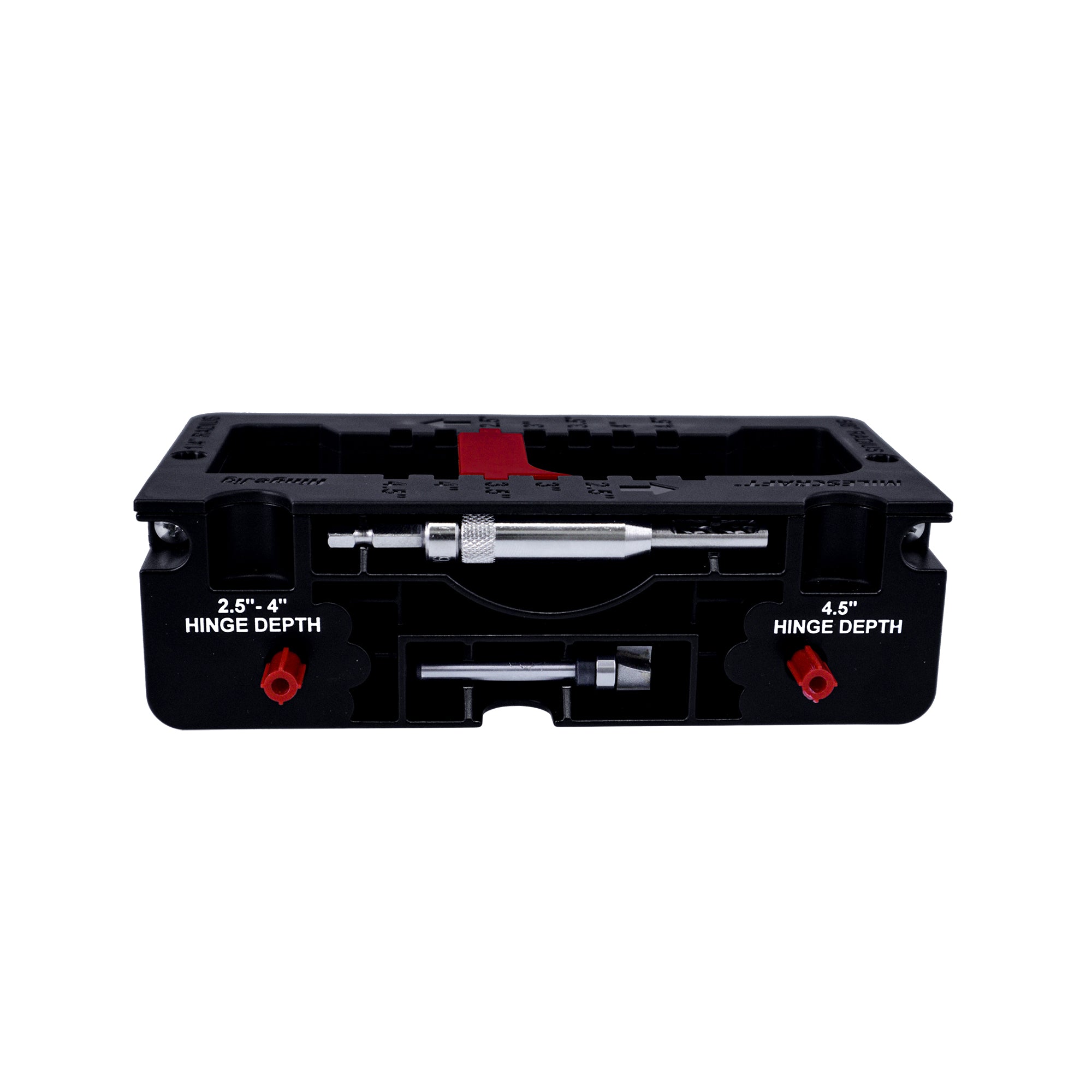 Self-clamping door hinge jig set for precise installation of door hinges and latches with adjustable hinge depth.