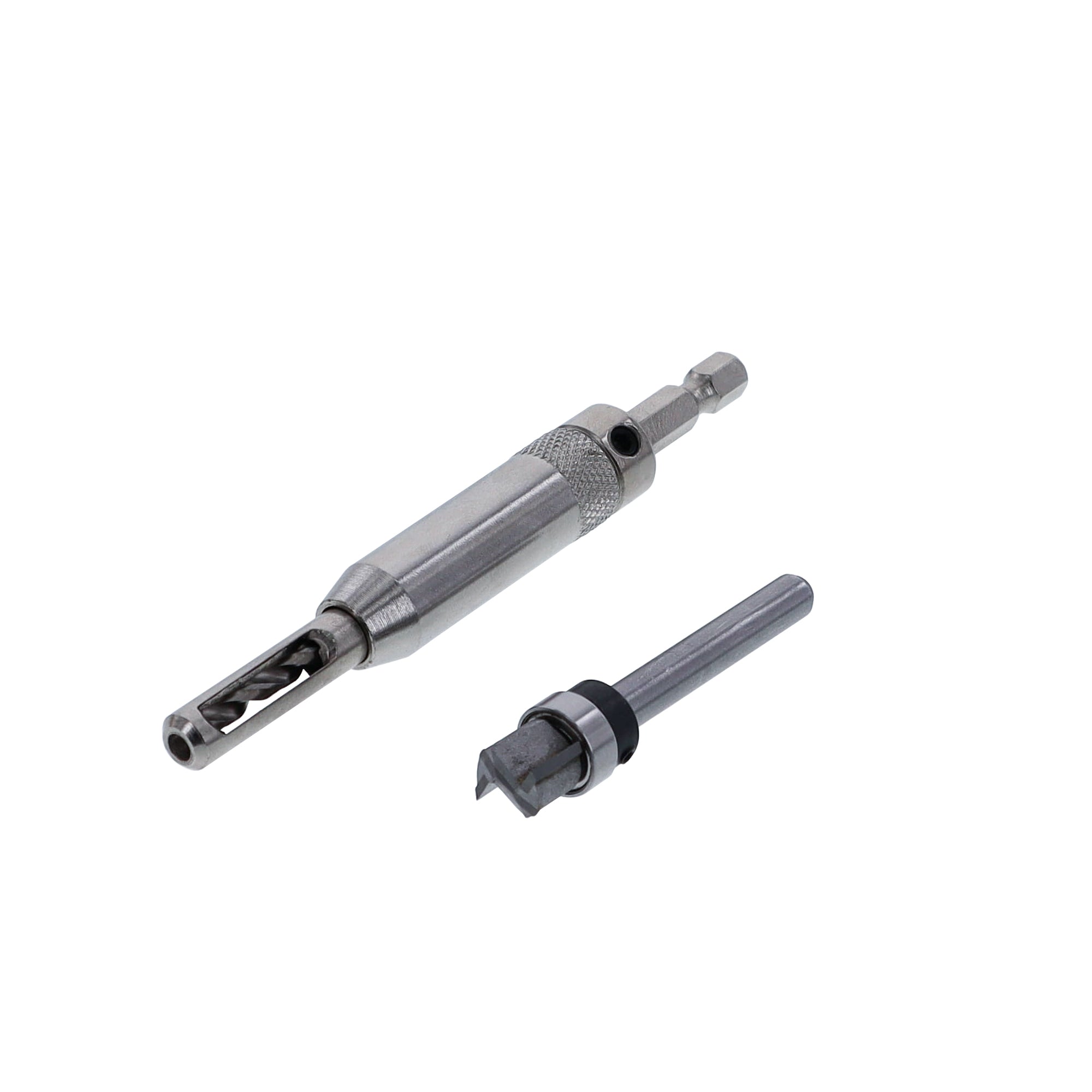 Self-clamping door hinge jig set for precise installation of door hinges and latches, includes drill bit and guide.