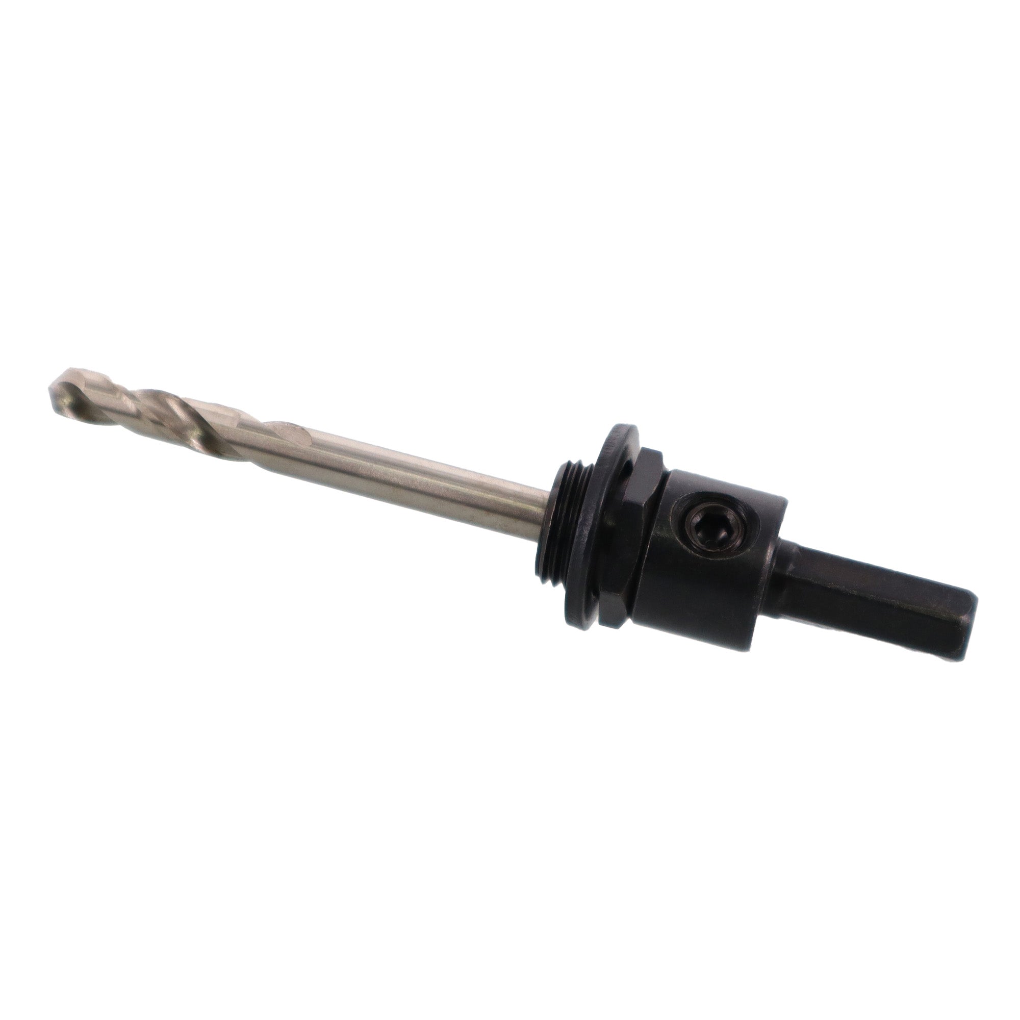 Self-clamping door hinge jig set for precise installation of door hinges and latches, featuring a drill bit attachment.