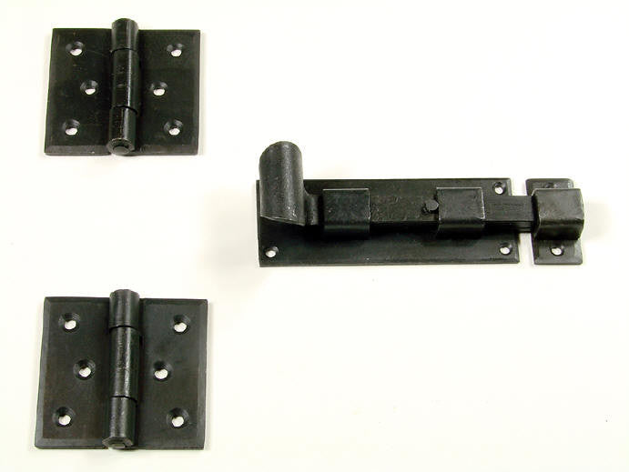 Black door and gate grille mounting kit set with hinges and latch for secure installation and functionality.