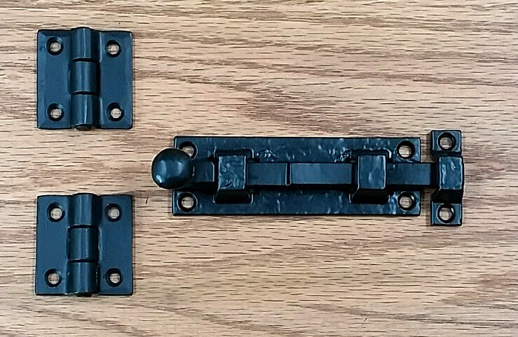 Black powder-coated door and gate grille mounting kit #5-A, includes hinges and latch, sold as a set.