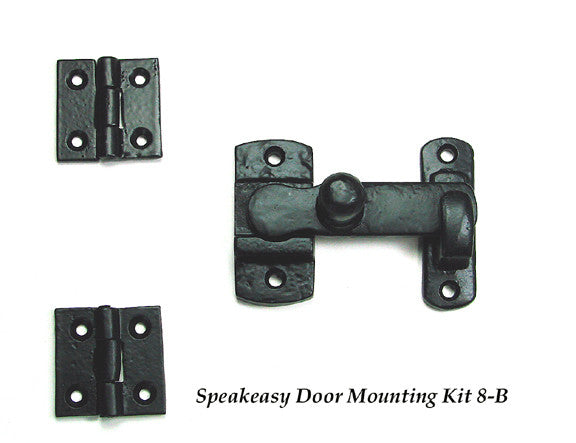 Black powder coat door and gate grille mounting kit #8-B, includes two hinges and a latch, sold as a set.