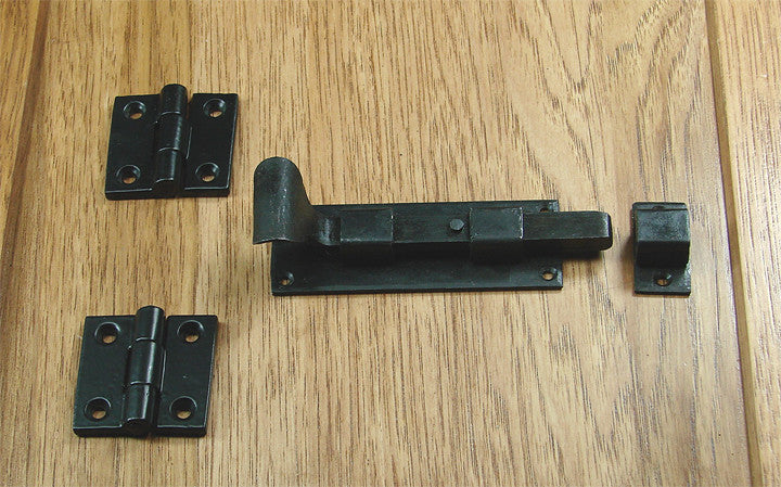 Black door and gate grille mounting kit set featuring hinges and a latch, designed for secure installation.