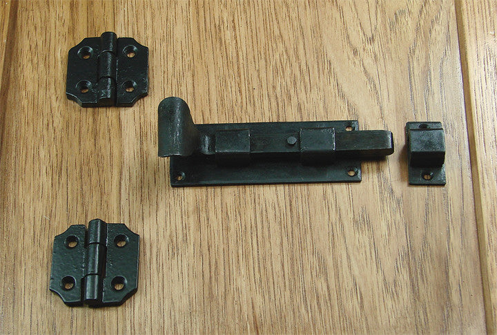 Black door and gate grille mounting kit featuring hinges and latch, ideal for secure installations. Sold as a set.