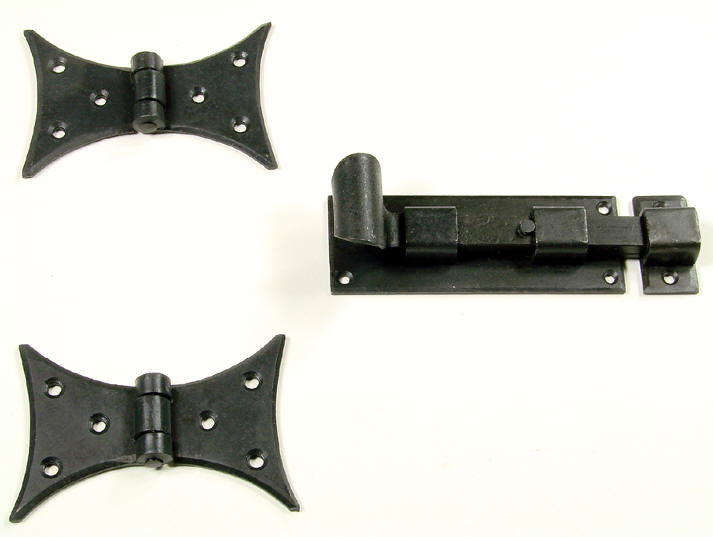 Black door and gate grille mounting kit set with decorative hinges and latch for secure installation.