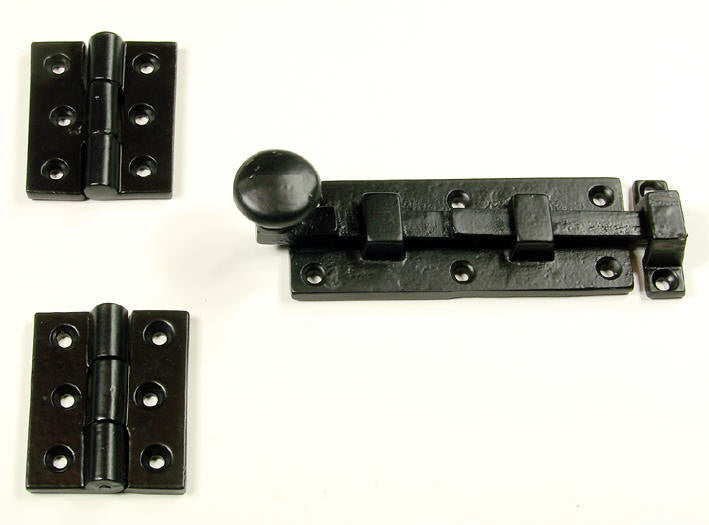 Black powder coat door and gate grille mounting kit set with hinges and latch for secure installation.