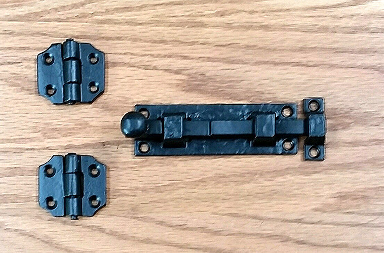 Black powder coat door and gate grille mounting kit #5-B with hinges and latch, sold as a complete set.