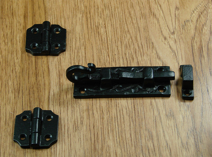 Black powder coat door and gate grille mounting kit #7, includes hinges and latch, ideal for secure installations.