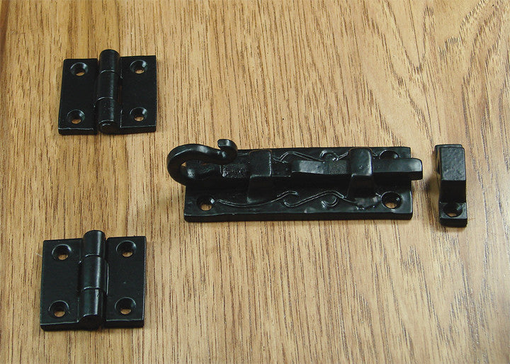 Black powder coat door and gate grille mounting kit #7-A, includes hinges and latch, sold as a complete set.