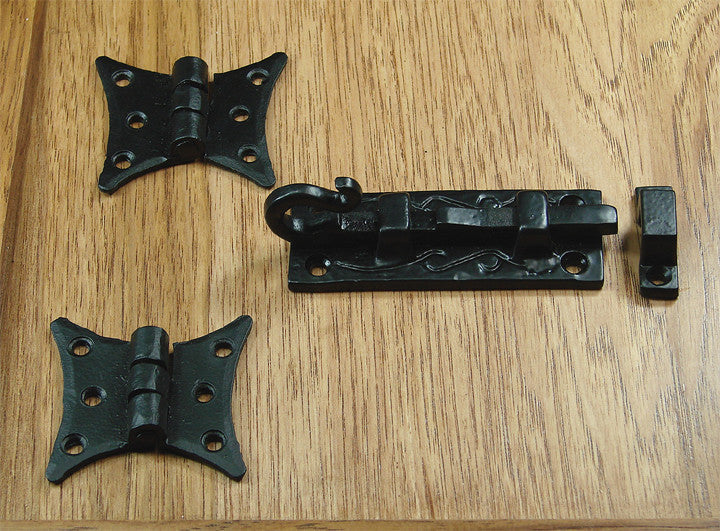 Black powder coat door and gate grille mounting kit #7-B, includes hinges and latch, ideal for secure installations.
