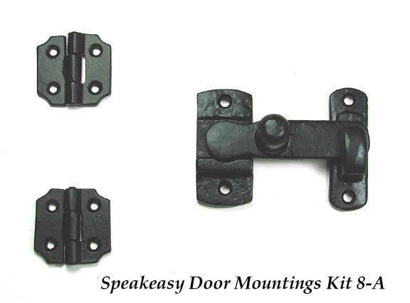 Black powder coat door and gate grille mounting kit #8-A, includes two hinges and a latch, sold as a set.